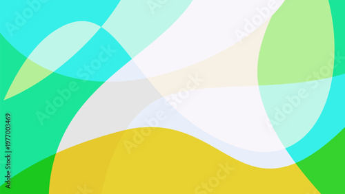 Abstract background with overlapping translucent shapes in green, blue, and yellow tones, featuring smooth gradients and light composition, for presentations and modern  design.