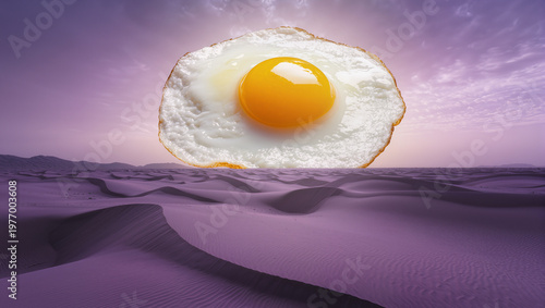 Surreal Landscape of a Giant Fried Egg in the Middle of a Purple Desert