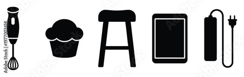 Versatile black silhouette icons featuring a kitchen blender, a sweet muffin, a simple stool, a mobile phone, and an electrical charger for digital media and graphic design applications.