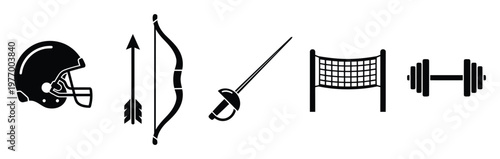 Versatile collection of sports equipment icons featuring a football helmet, archery set, fencing sword, volleyball net, and dumbbell for athletic branding
