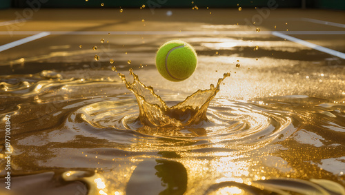 Action Shot of a Tennis Ball Hitting Water Surface with a Large Golden Splash