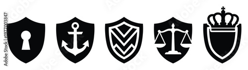 Collection of shield icons representing security, maritime, strength, justice, and royalty, suitable for legal, government, corporate, or gaming applications