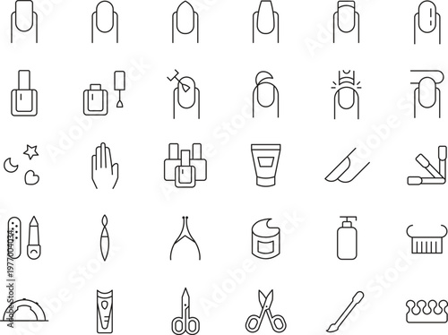 Manicure and Pedicure Line Icon Set - Professional Nail Care, Beauty Salon Tools, and Nail Shapes Vector Illustrations (Editable Stroke)