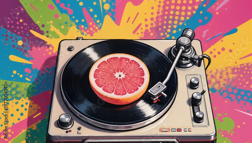 Pop Art Concept of a Sliced Pink Grapefruit Rotating on a Vinyl Record Player