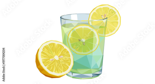 Refreshing detox drink with slices of lemon in a geometric glass, vibrant yellow and green colors, isolated on a white background