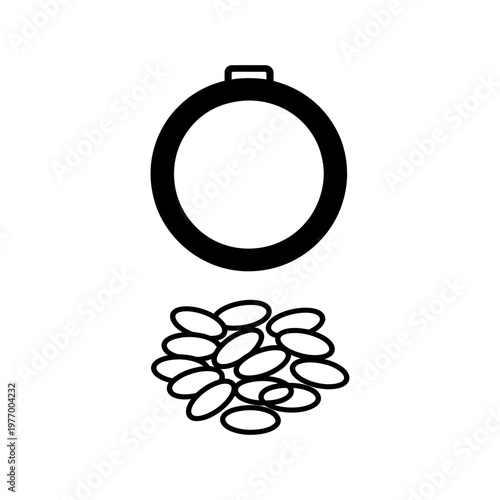 Minimalist graphic of a ring above small ovals, black and white