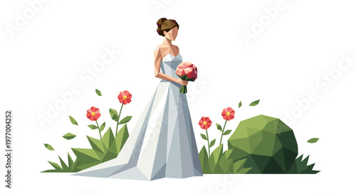 Elegant bride in a flowing white gown holding a bouquet in a stylized garden with geometric greenery and blooming flowers, minimalist illustration
