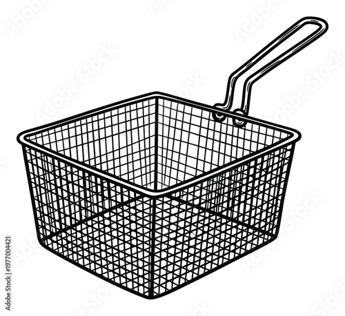 Sturdy wire mesh deep fryer basket with an integrated handle, an essential cooking tool for home kitchens or professional food establishments to prepare perfectly fried dishes