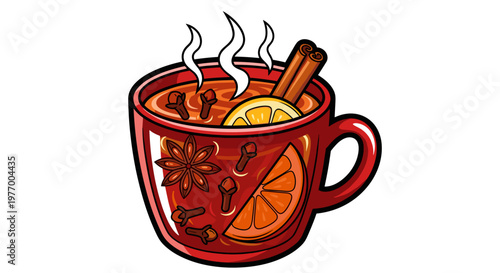 Illustration of steaming mulled wine in a red cup with spices like cinnamon and cloves, featuring an orange slice, on a white background