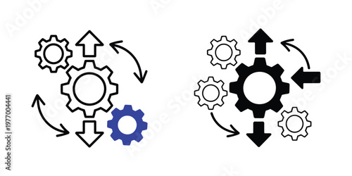 workflow process icon with gears and arrows, vector illustration, isolated on white background, representing system operation, process development, task flow, automation, and business workflow.