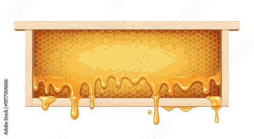 Illustration of a wooden beehive frame dripping with golden honey against a white background