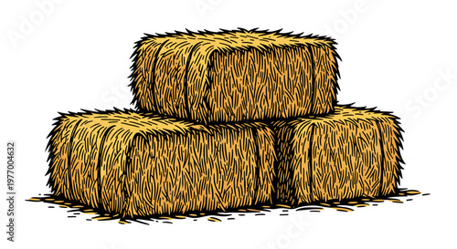 Illustration of three hay bales neatly stacked in a pyramid formation against a white background, showcasing rustic textures and golden hues