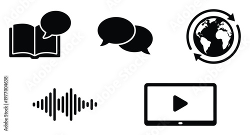 Modern digital communication and media icons including book with speech bubble, chat, global connectivity, audio sound wave, and video player for web design and educational resources