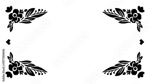 Black floral corner border vector illustration with decorative flower ornaments and leaves for elegant stationery design