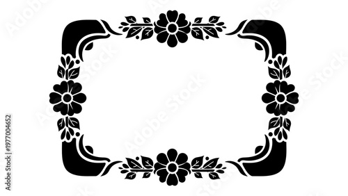 Decorative floral frame vector silhouette with folk art flowers and leaves for wedding invitations and certificates