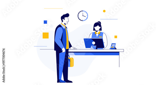 Illustration of a man at a hotel reception desk interacting with a receptionist, modern minimalist design with blue and yellow accents, clock on the wall