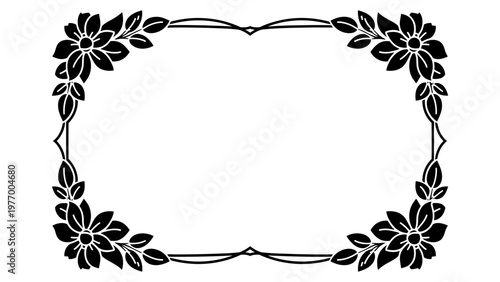 Decorative floral border frame with black flower silhouettes and leaves for wedding invitations and stationery vector illustration