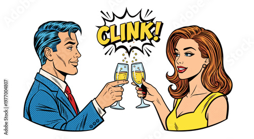 Retro pop art illustration of a couple holding glasses in a celebratory toast, vibrant comic style with speech bubble and colorful attire on white background