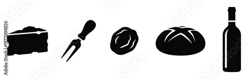 Classic food and beverage essentials including a cheese wedge, bread loaf, dried fruit, wine bottle, and cheese fork icon, suitable for picnic layouts, catering services, or kitchen decor.