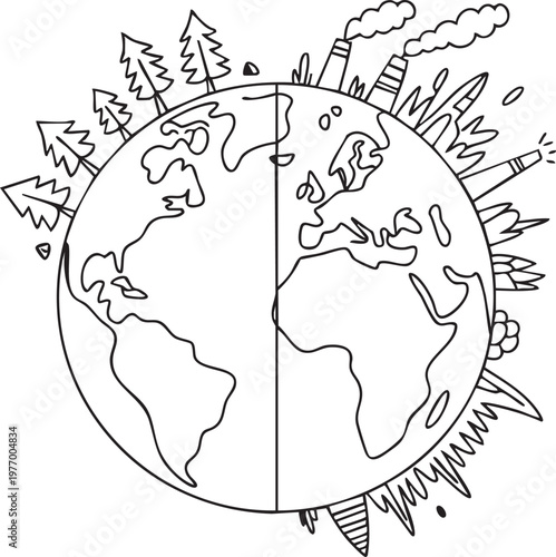 Vector illustration of earth divided into clean and polluted halves with trees on one side and factories on the other symbolizing environmental contrast