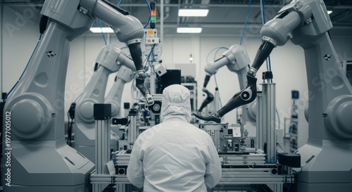 Industrial engineer supervising robotic assembly line in high tech manufacturing plant