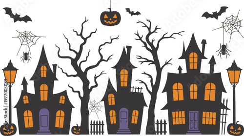 Spooky Halloween Scene with Haunted Houses and Silhouetted Trees