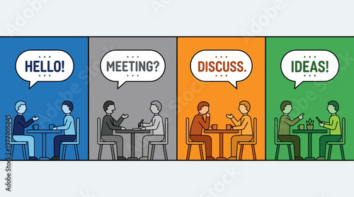 Colorful four-panel illustration of a business meeting, showing colleagues greeting, discussing, and brainstorming ideas in a collaborative office setting.