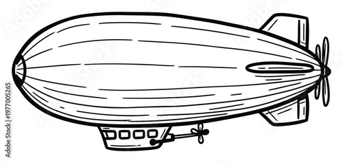Black line drawing of a classic blimp with a detailed control gondola and propeller, ideal for childrens books, educational materials, or transportation history graphics