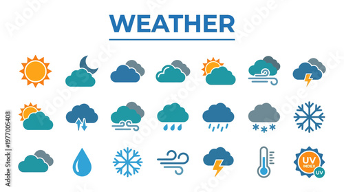 Comprehensive weather icons set featuring sun, clouds, rain, snow, thunderstorms and related forecast symbols for UI design and dashboards