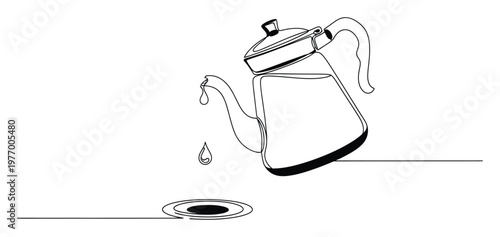 Minimalist continuous line drawing of a coffee maker or tea kettle dripping a single water drop onto a subtle drain, ideal for culinary themes and beverage product promotions.