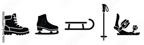 Collection of essential winter sports equipment icons including boots, ice skates, sleds, ski poles, and snowboard bindings for seasonal outdoor recreation and cold weather activity designs