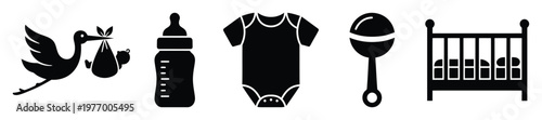Essential collection of baby themed icons perfect for newborn announcements, baby shower decorations, and early childhood care product promotions