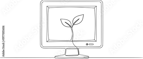 One Line Drawing of Computer Monitor with Growing Plant - E-waste Recycling and Sustainable Tech Concept