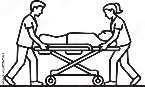 Medical staff transporting patient on hospital gurney