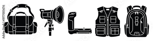 Professional photography equipment and outdoor adventure gear icons including camera bag studio light battery grip vest and backpack for graphic use