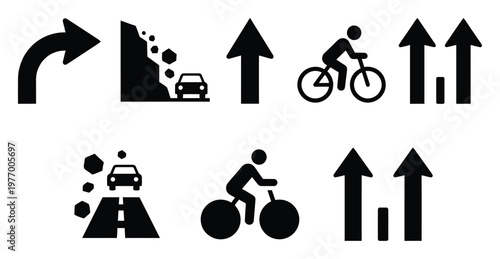Essential set of road traffic, hazard warning, straight direction, and bicyclist icons, useful for web, app, informational signage, and presentation graphics.