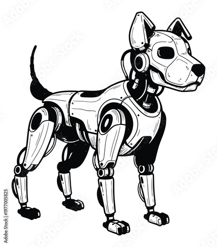 Robotic dog with sleek mechanical design stands ready for future technology and innovation themed projects requiring advanced animal companions