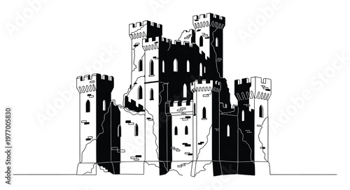 Striking black and white medieval castle vector graphic featuring strong towers and rugged walls ideal for gaming assets historical documents and architectural visual concepts