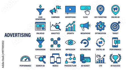 Collection of blue marketing and advertising icons for digital campaigns, analytics, targeting, social media, and branding in a compact infographic style.