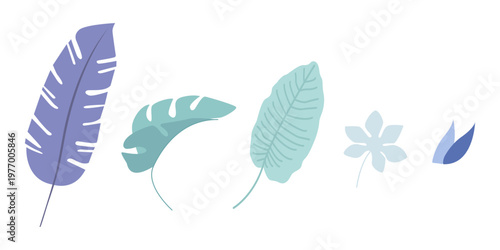 Set of five minimalist botanical illustrations including stylized purple leaf, teal monstera leaf, elongated teal leaf, pale blue flower, and overlapping blue leaves, modern decorative design elements