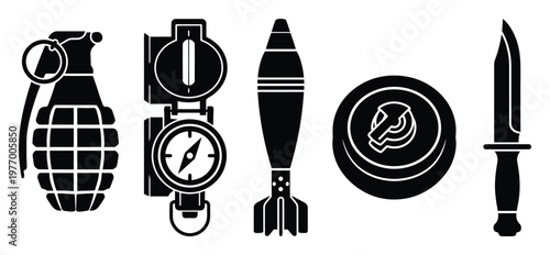 Comprehensive collection of military and tactical equipment including a hand grenade, compass, mortar shell, landmine, and combat knife for defense concepts and security related visual