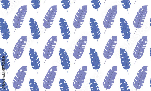Repeating diagonal pattern of stylized blue and purple feathers with white vein details on a white background, clean modern design perfect for textiles, wallpapers, and decorative prints