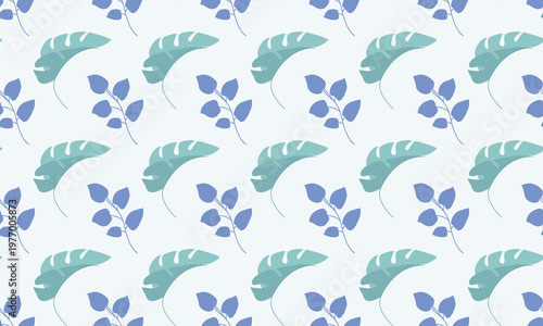 Repeating diagonal pattern of teal monstera-style leaves and clusters of small blue leaves on stems, clean modern botanical design on light background, perfect for textiles, wallpapers, and decorative