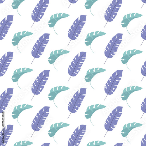 Repeating diagonal pattern of stylized teal and purple leaves with cutout and vein details on a white background, clean modern botanical design perfect for textiles, wallpapers, and decorative prints