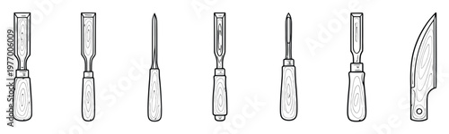 Collection of hand drawn woodworking chisels and carving tools featuring various sizes and shapes perfect for carpentry, craft projects, or workshop themed graphic resources