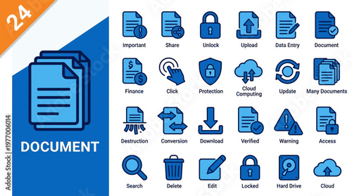 Blue document icons set for digital file management, office workflow visuals, and data organization concepts.