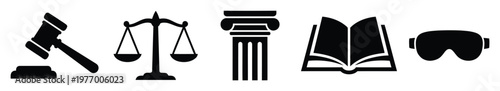 Authoritative legal justice and knowledge symbols featuring a gavel, scales of justice, classical column, open book, and protective goggles for law and education projects
