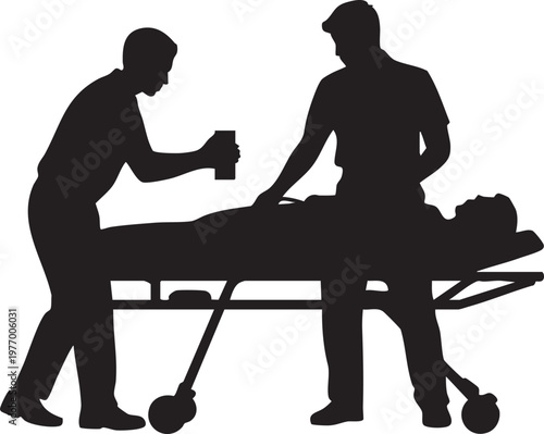 Two paramedics or medical staff moving a patient on a stretcher in a medical emergency situation with urgency and care