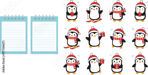 Vector illustration of cartoon penguins in winter hats and scarves with snowflakes and spiral notepads for festive seasonal design