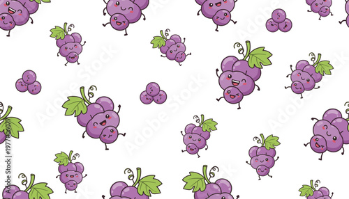 Vector illustration of cartoon grapes with expressive faces, arms, and legs in playful poses